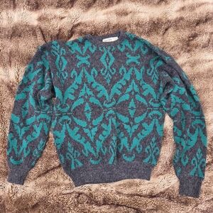 Men's Store Aztec Knit Sweater Vintage Style Gray & Teal Pullover, Cozy Grandpa